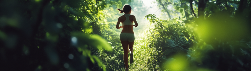 Young woman runs through lush forest in photo.