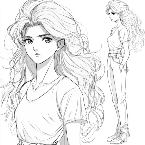 Young woman with Disney-style face in post-apocalyptic outfit.