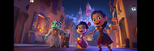 Youthful Cartoon Characters in Playful Halloween Scene Youthful Cartoon Characters in Playful Halloween Scene