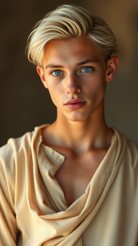 Youthful Man in Radiant Golden-White Attire