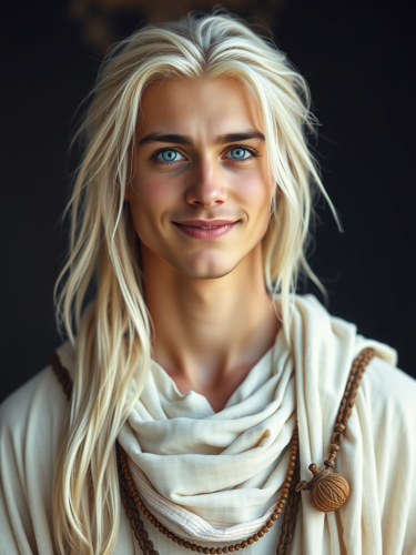 Youthful Man with Tribal Aura in White Attire