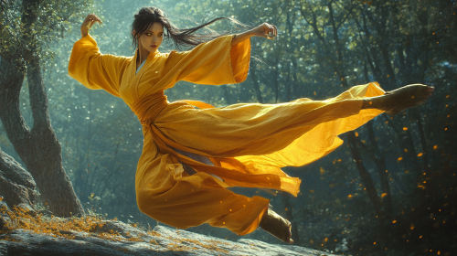 Zendaya-inspired Monk Kicking Air in Fantasy Forest