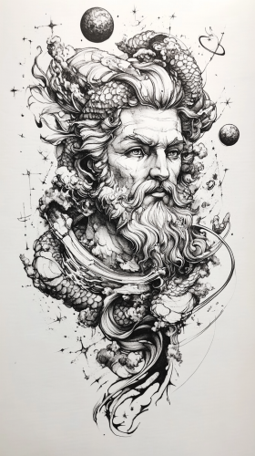 Tattoo Art Zeus, dragon, planets, stars, waves