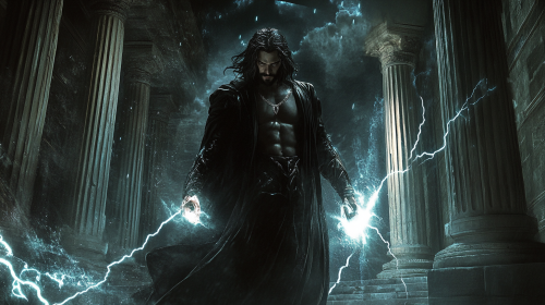 Zeus Emitting Lightning Power in Shadowy Marble Hall