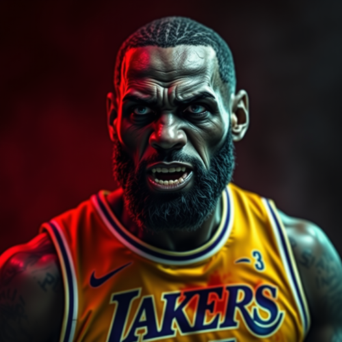 Zombie LeBron James in Lakers Jersey on Dark Background