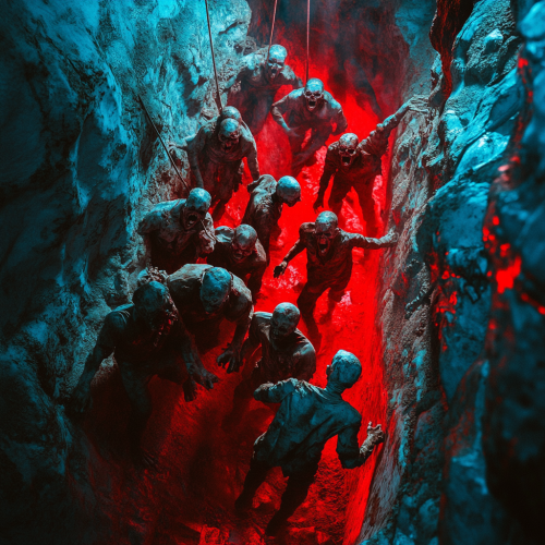 Zombies Climb Earth Walls in Red and Blue Light.