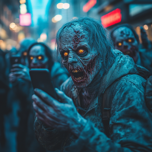 Zombies in city taking pictures of injured man.