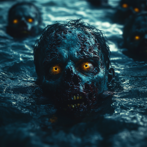 Zombies with yellow eyes sinking in dark ocean
