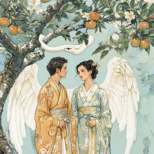 a Loving Couple under Apple Tree with Angel
