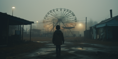 Young Boy Running in Abandoned Fairground