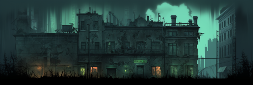 Spooky abandoned building in seagreen fog Spooky abandoned building in seagreen fog