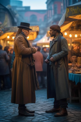 Two men conversing in a cyberpunk fantasy marketplace