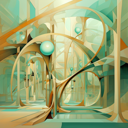 Abstract artwork in golden and mint colors
