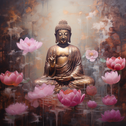 Lifelike Buddha surrounded by vibrant flowers and magical lighting