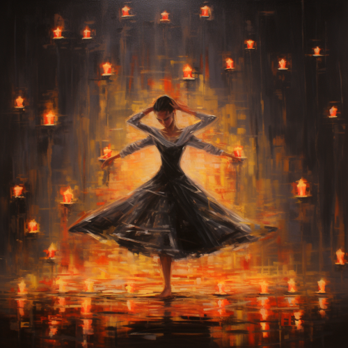 Abstract oil painting of a female dancer surrounded by candles