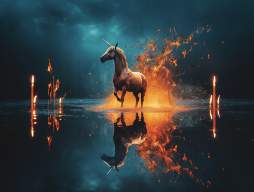 Abstract unicorn reflections in dark orange and light azure