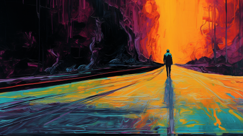 Abstract painting with sad man on a road
