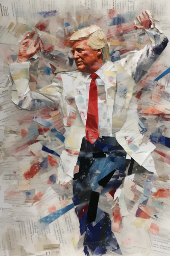 Abstract torn paper collage with Donald Trump dancing at US Capitol Abstract torn paper collage with Donald Trump dancing at US Capitol