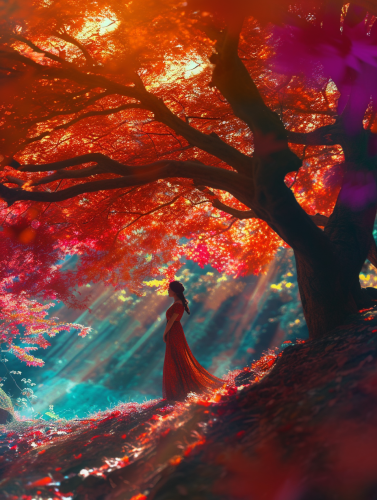 Beautiful woman under surrealistic acer palmatum tree