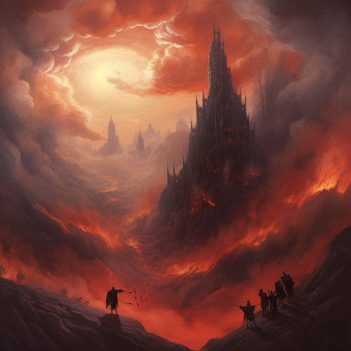 Armored knights kneeling before towering monoliths