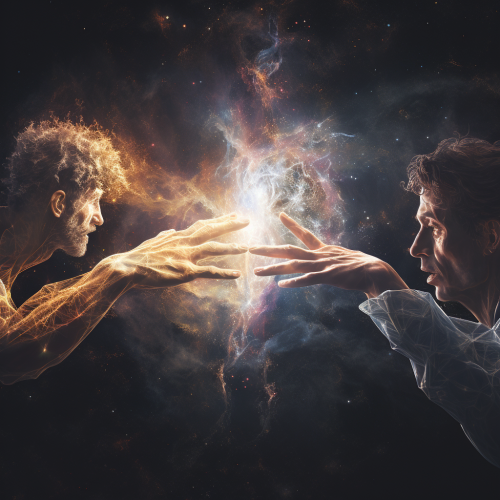Adam and God touching fingers in futuristic setting Adam and God touching fingers in futuristic setting