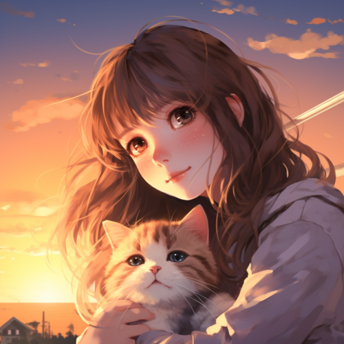 Adorable cat girl in a sunset setting