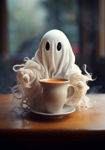 Adorable ghost enjoying a cup of coffee