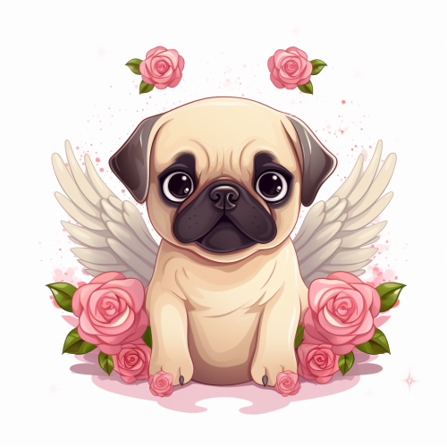 Cute pug dog with wings and flowers