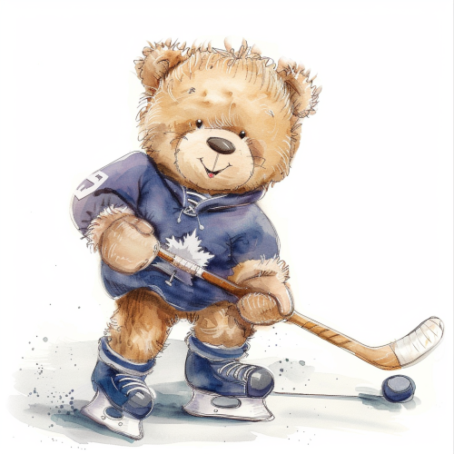 Smiling baby teddy bear playing ice hockey