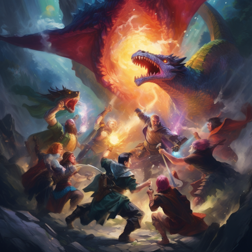 Adventure party battles five-headed dragon artwork