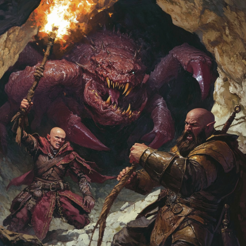Two adventurers battle giant scorpion