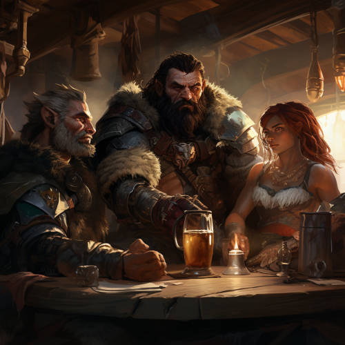 Group of adventurers enjoying drinks in a tavern Group of adventurers enjoying drinks in a tavern