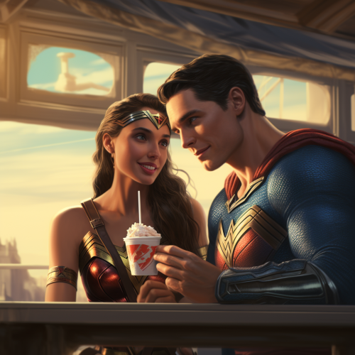 Young Wonder Woman and Superman enjoying Ice Cream
