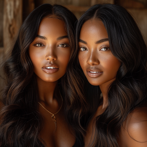 African American supermodels with long hair extensions posing and smiling