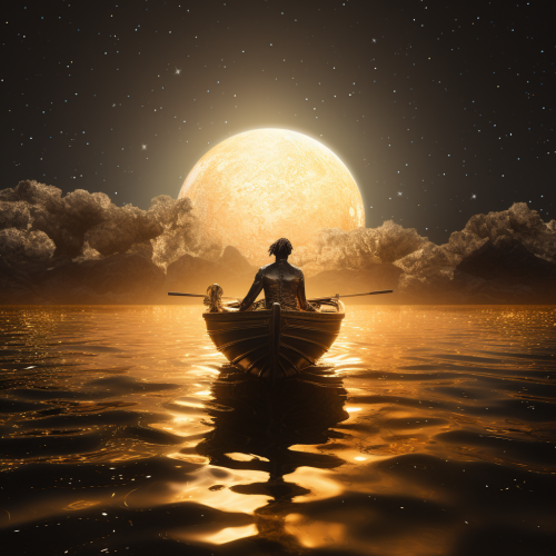 African man rowing boat towards giant diamond on island