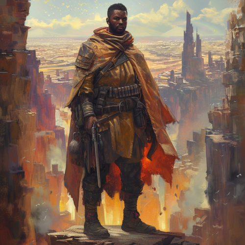 African gunslinger in poncho city landscape