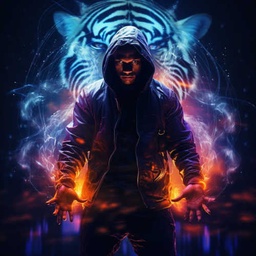 African man in hoodie with neon light streaks