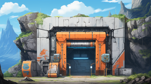 Afrofuturist exterior security door in mountain facility