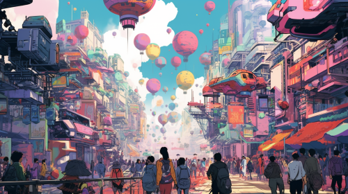 Afrofuturist small crowd in bright open city