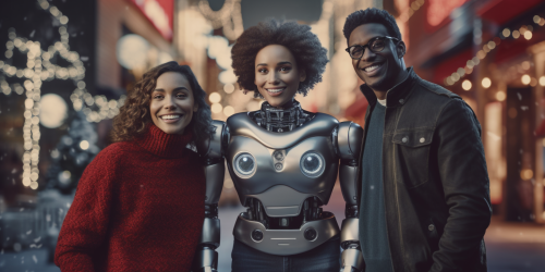 AI robot and developers in holiday campaign ad