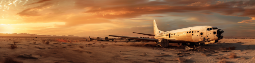 Airplane graveyard in California desert at sunset