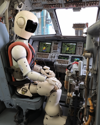 View of pilot and humanoid robot in cockpit