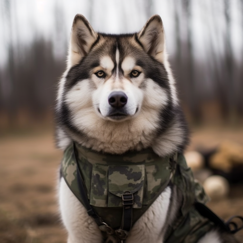Powerful Alaskan Malamute-human soldier hybrid in uniform