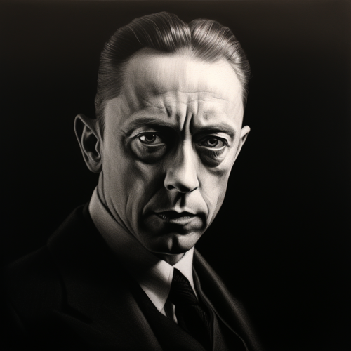 Albert Camus charcoal sketch in black background