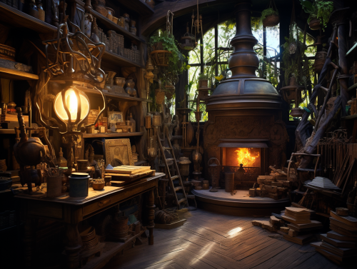 Alchemist's Atelier with Bookshelfs and Laboratory Equipment