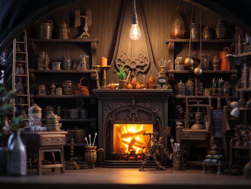 Alchemist's Atelier Bookshelf with Lab Equipment