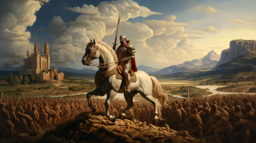 Renowned painting of Alexander the Great leading his army into battle with guitar in hand