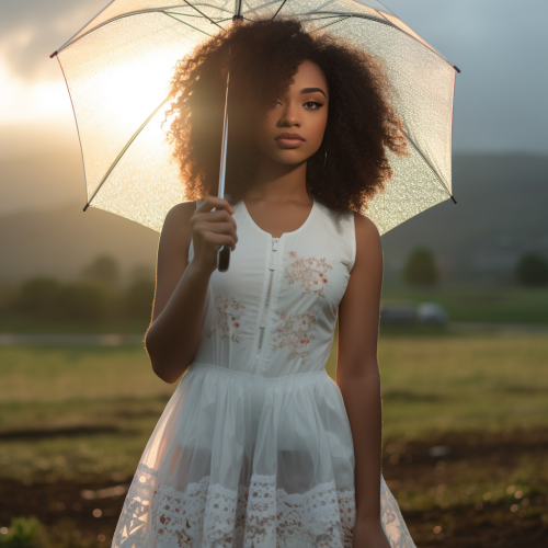 Afroamerican Teen in Cute White Dress, Sunrise Rain