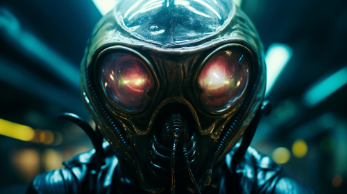 Alien wearing COVID-19 mask in outer space