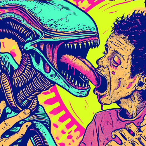 Alien eating person, bright background Alien eating person, bright background